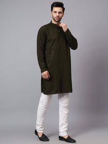 KISHRO Men Rayon Schiffli Chikankari Embroidered Long Kurta Set - Red