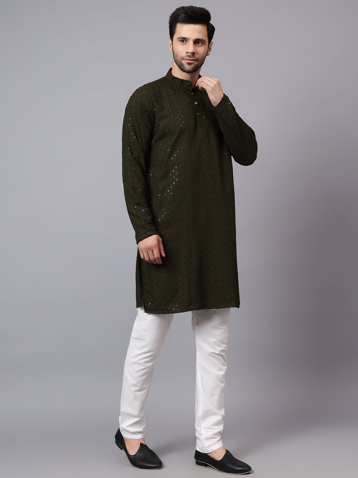 KISHRO Men Rayon Schiffli Chikankari Embroidered Long Kurta Set - Red