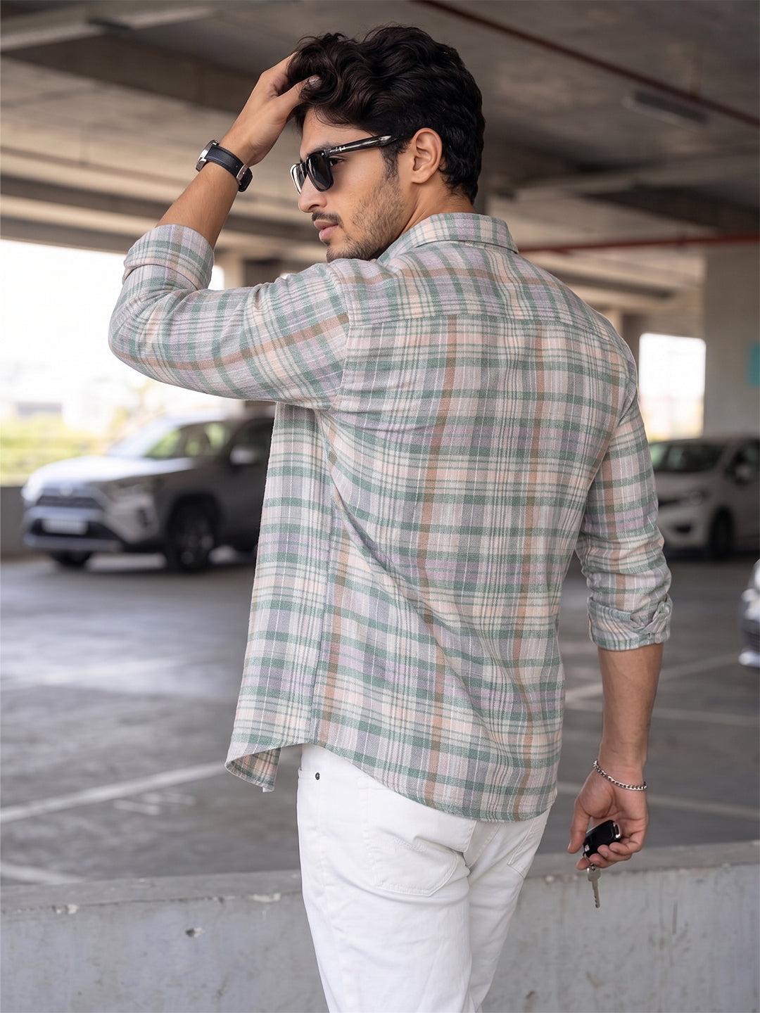 KISHRO Men Cotton Checked Regular Fit Casual Shirt - White