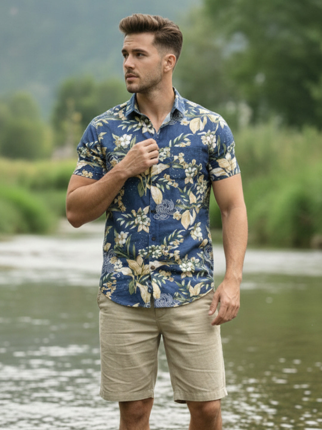 KISHRO Men Cotton Printed Regular Fit Casual Shirt - Royal Blue