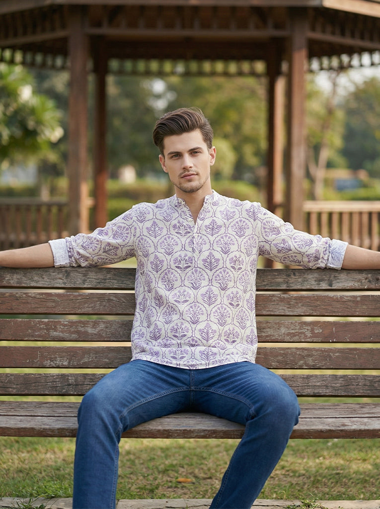 KISHRO Men Cotton Printed Regular Fit Short Kurta - White