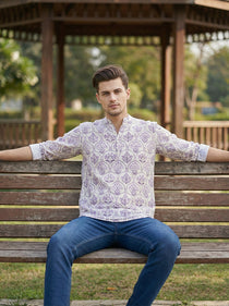 KISHRO Men Cotton Printed Regular Fit Short Kurta - White