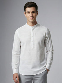 KISHRO Men Cotton Striped Mandarin Collar Curved Hem Short Kurta - White