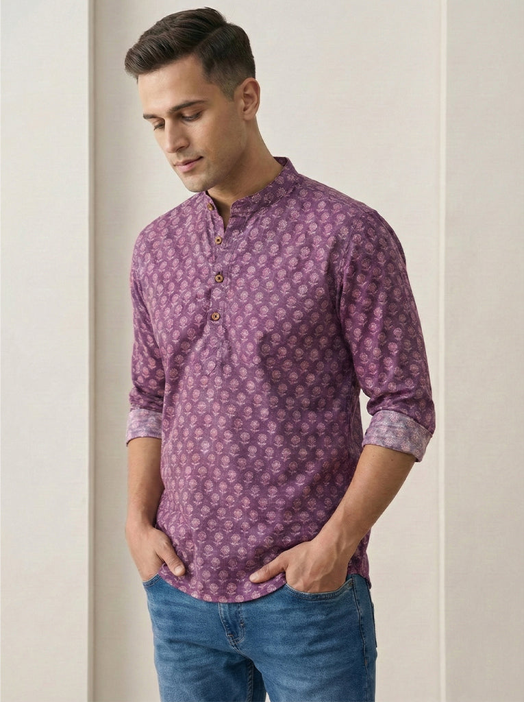 KISHRO Men Cotton Printed Regular Fit Short Kurta - Magenta