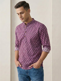 KISHRO Men Cotton Printed Regular Fit Short Kurta - Magenta