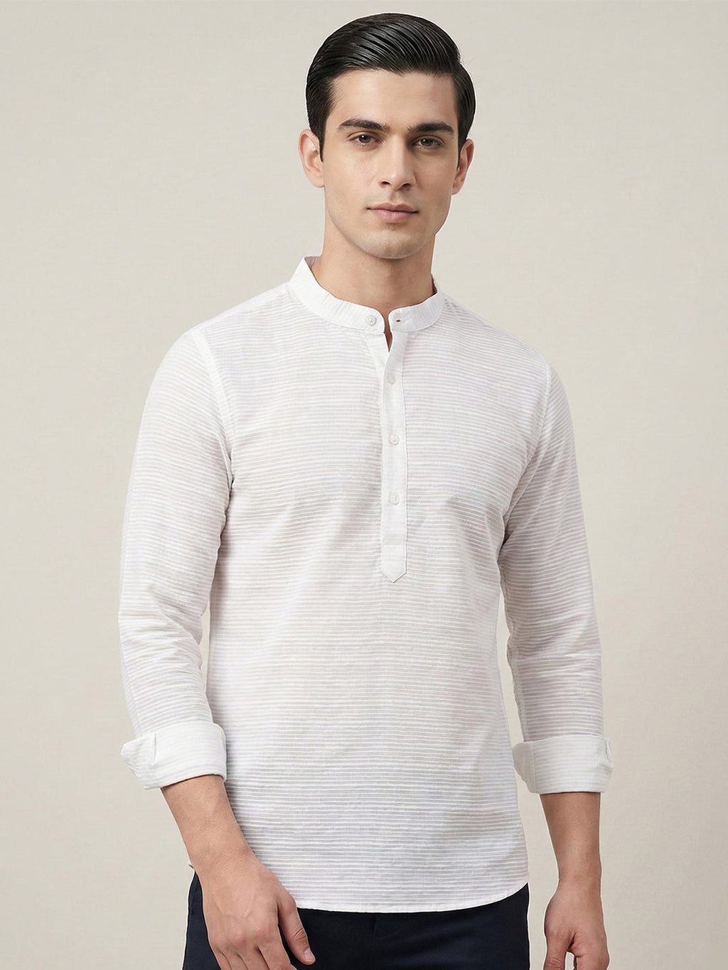 KISHRO Men Cotton Striped Mandarin Collar Curved Hem Short Kurta - White