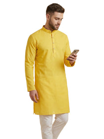KISHRO Men Cotton Blend Chikankari Striped Long Kurta - Yellow