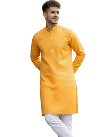 KISHRO Men Cotton Blend Chikankari Striped Long Kurta - Yellow