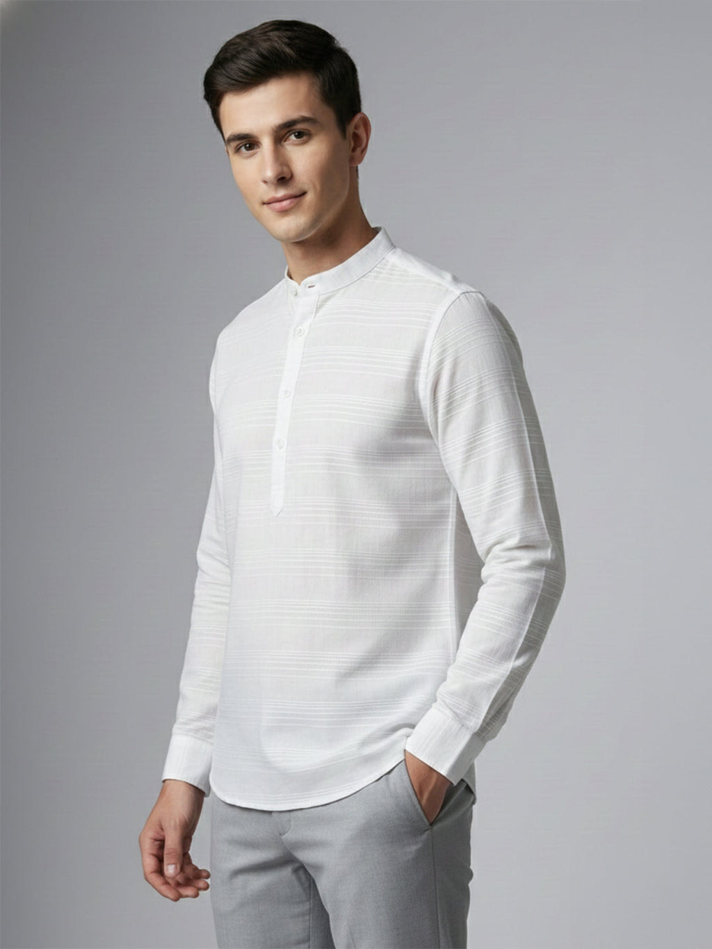 KISHRO Men Cotton Striped Mandarin Collar Curved Hem Short Kurta - White