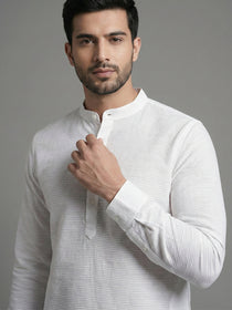 KISHRO Men Cotton Striped Mandarin Collar Curved Hem Short Kurta - White