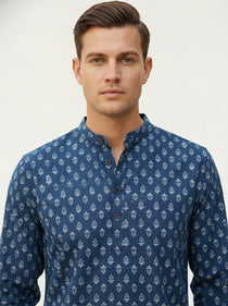 KISHRO Men Cotton Printed Regular Fit Short Kurta - Navy Blue