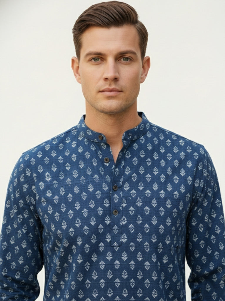 KISHRO Men Cotton Printed Regular Fit Short Kurta - Navy Blue