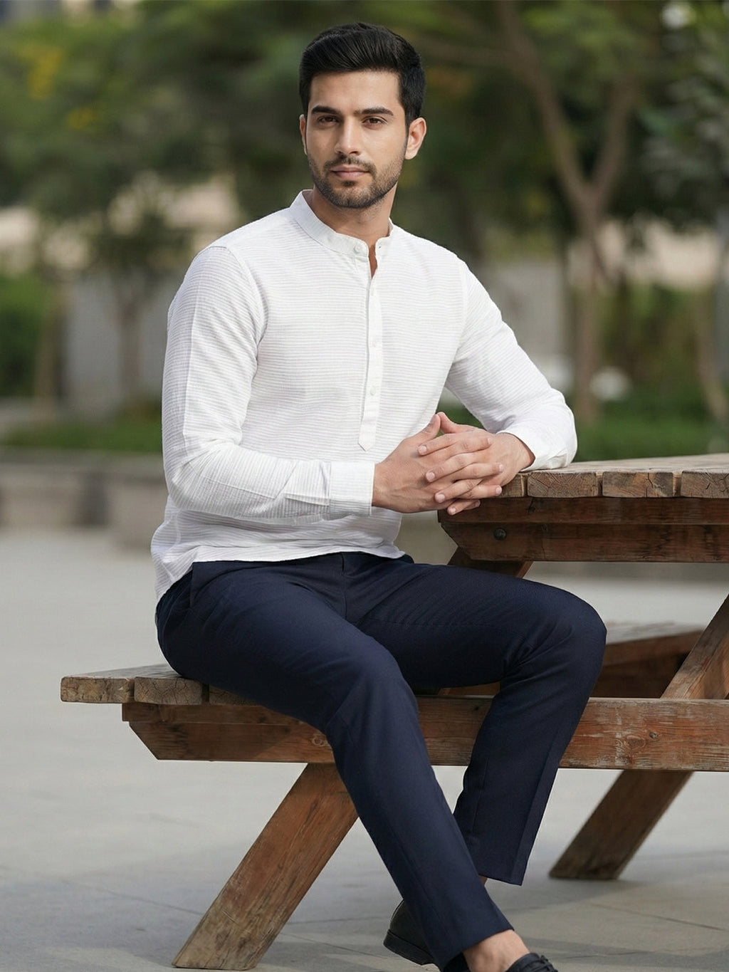 KISHRO Men Cotton Striped Mandarin Collar Curved Hem Short Kurta - White