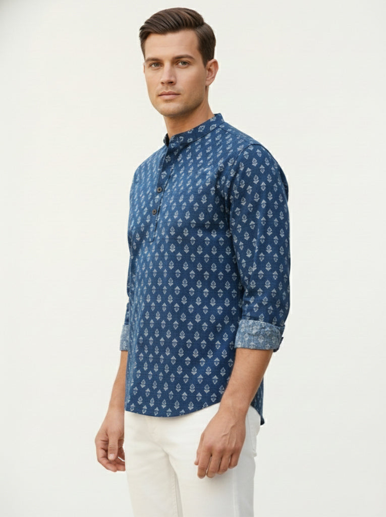 KISHRO Men Cotton Printed Regular Fit Short Kurta - Navy Blue