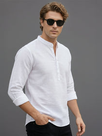KISHRO Men Cotton Striped Mandarin Collar Curved Hem Short Kurta - White