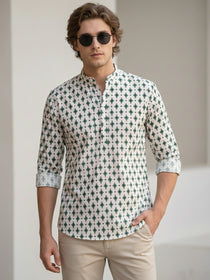 KISHRO Men Cotton Printed Regular Fit Short Kurta - Green