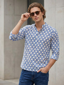 KISHRO Men Cotton Printed Regular Fit Mandarin Collar Short Kurta - Rayal Blue