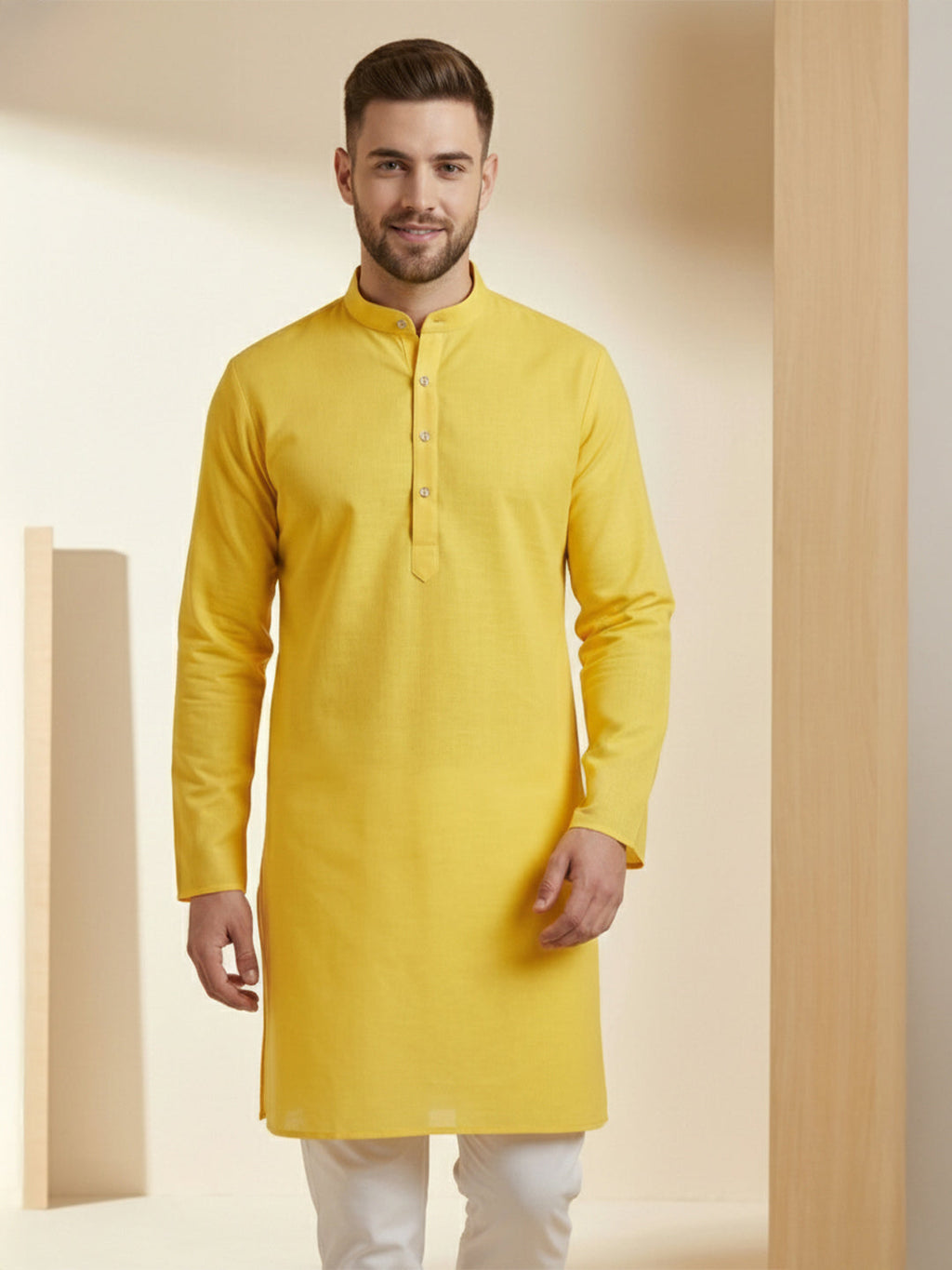 KISHRO Men Cotton Blend Chikankari Striped Long Kurta - Yellow