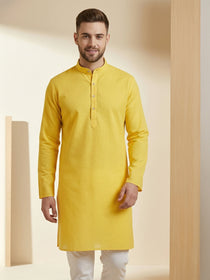 KISHRO Men Cotton Blend Chikankari Striped Long Kurta - Yellow