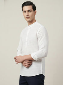 KISHRO Men Cotton Striped Mandarin Collar Curved Hem Short Kurta - White