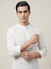 KISHRO Men Cotton Striped Mandarin Collar Curved Hem Short Kurta - White