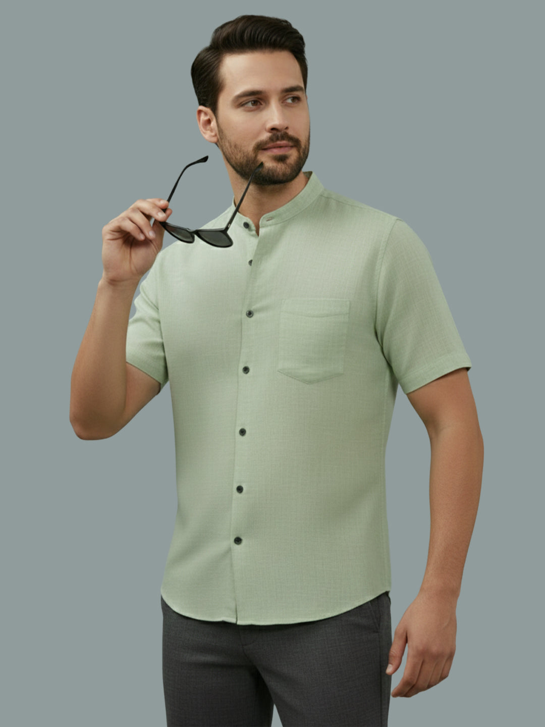 KISHRO Men Cotton Regular Fit Mandarin Collar Casual Shirt - White