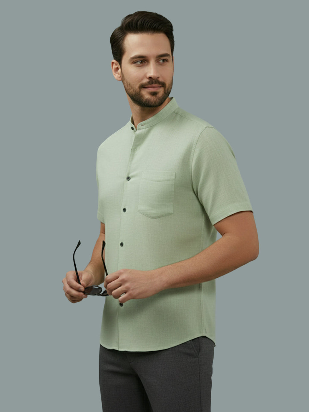 KISHRO Men Cotton Regular Fit Mandarin Collar Casual Shirt - White