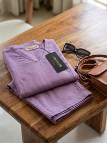 KISHRO Women Linen Solid Relaxed Fit Co-ord Set - Purple
