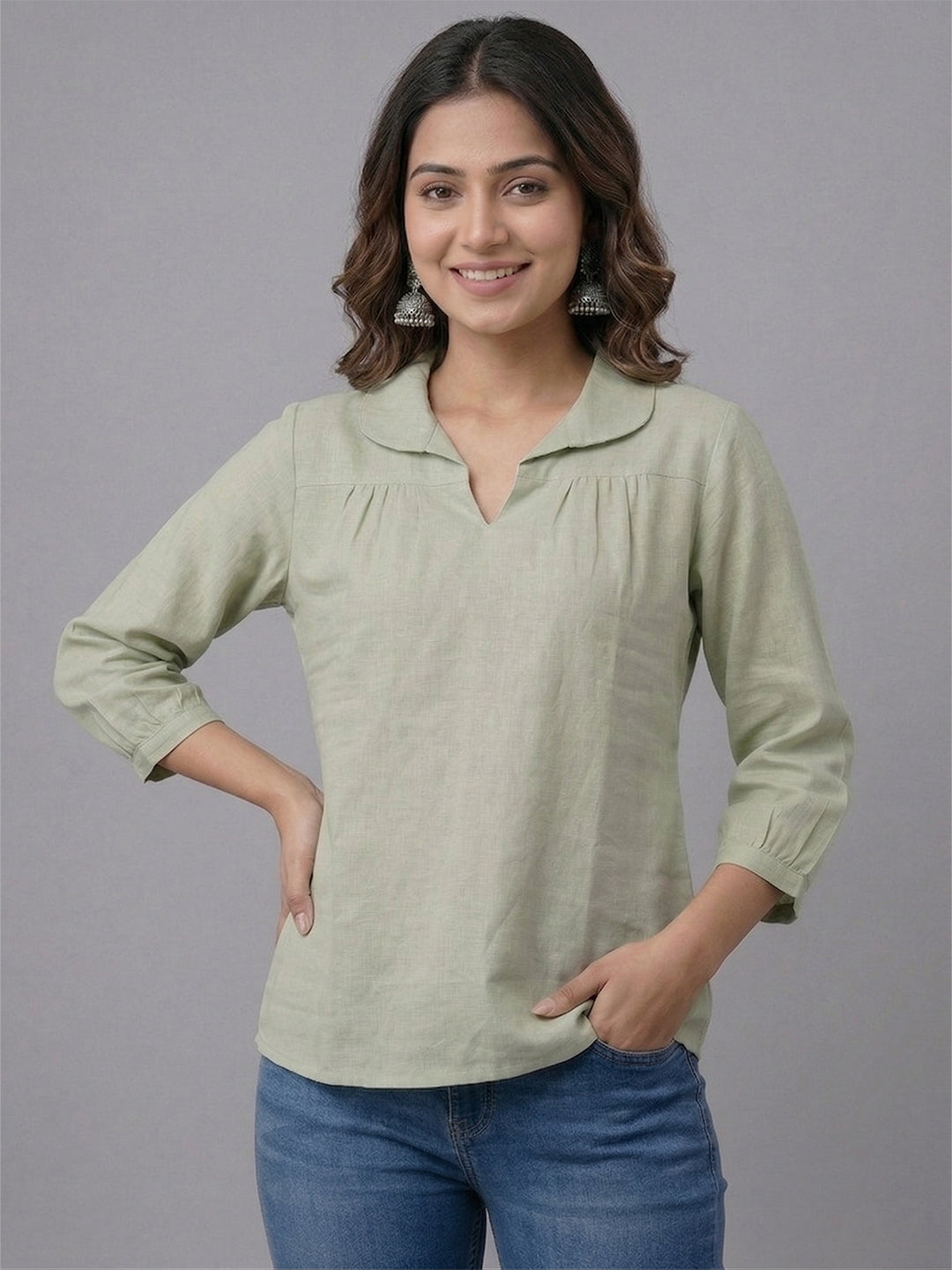 KISHRO Women Linen Cotton Regular Fit V-Neck Top - White