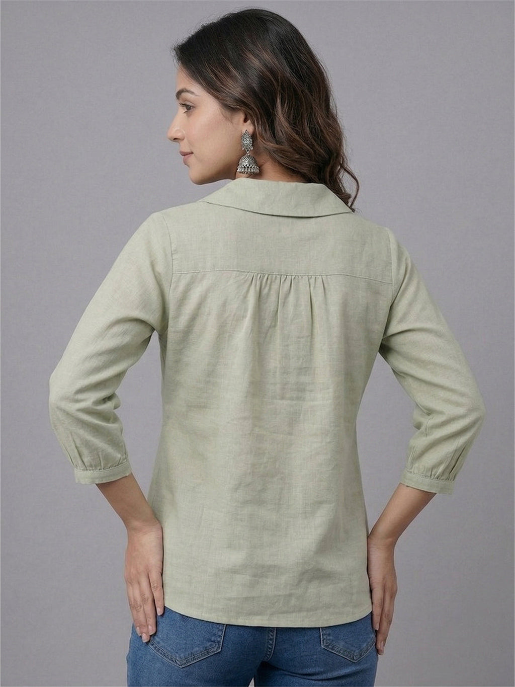 KISHRO Women Linen Cotton Regular Fit V-Neck Top - White