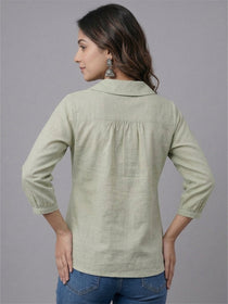 KISHRO Women Linen Cotton Regular Fit V-Neck Top - White