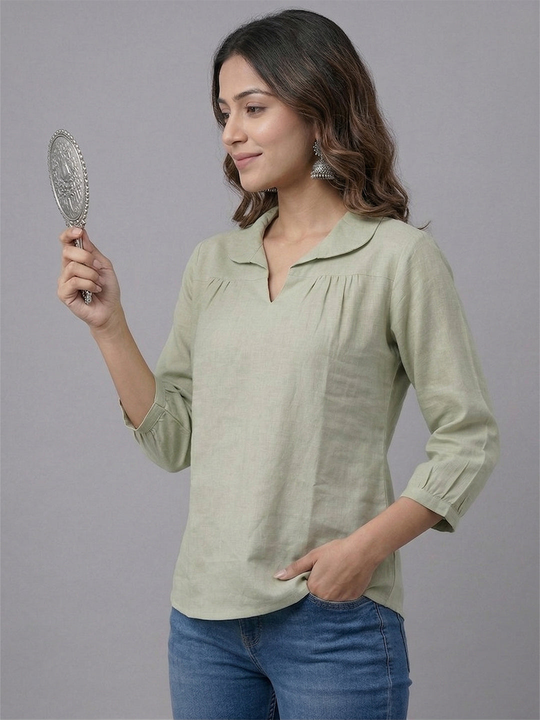 KISHRO Women Linen Cotton Regular Fit V-Neck Top - White