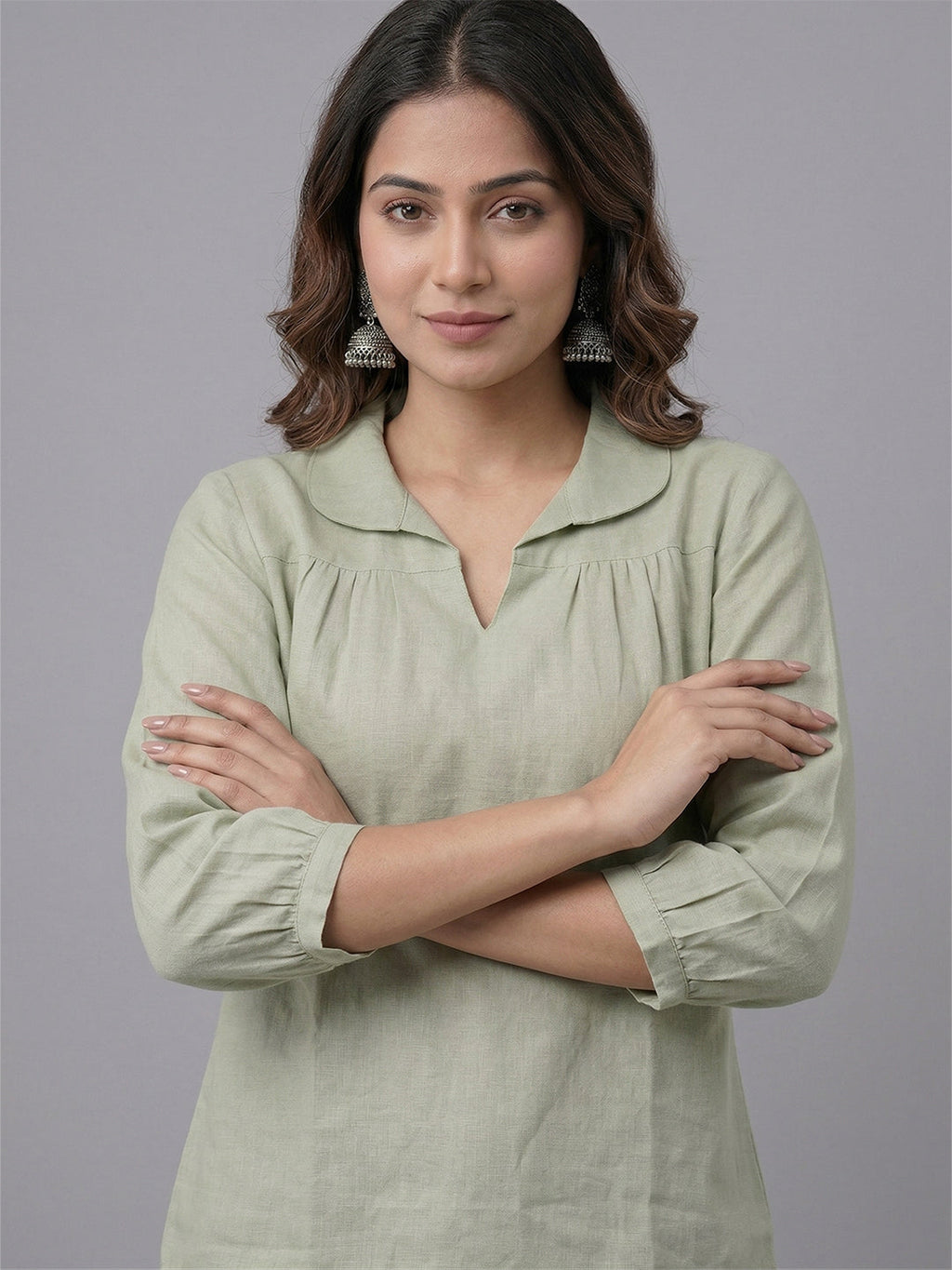 KISHRO Women Linen Cotton Regular Fit V-Neck Top - White