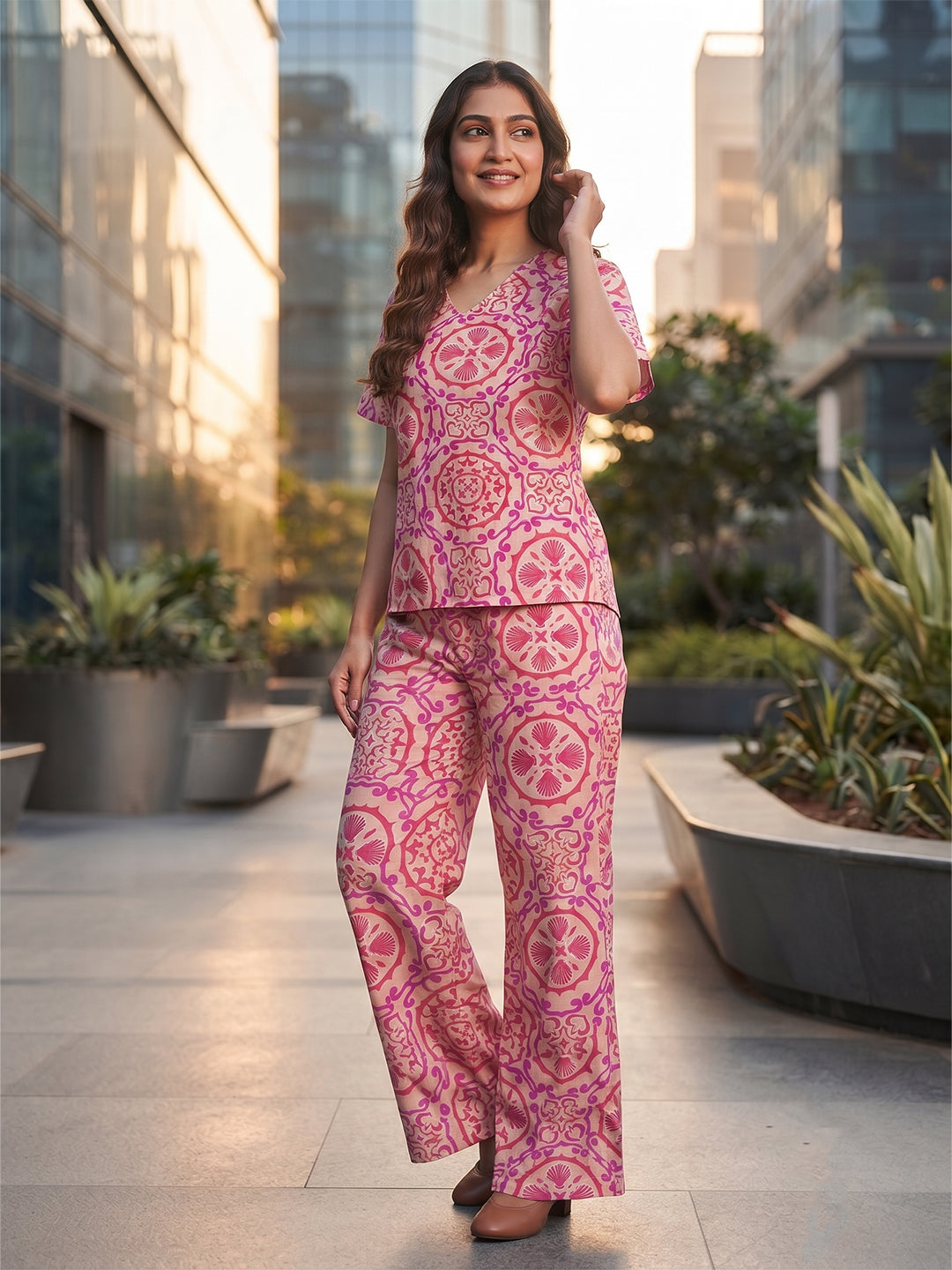 KISHRO Women Linen Cotton Printed Regular Fit Night Suit Set - Light Pink Main image