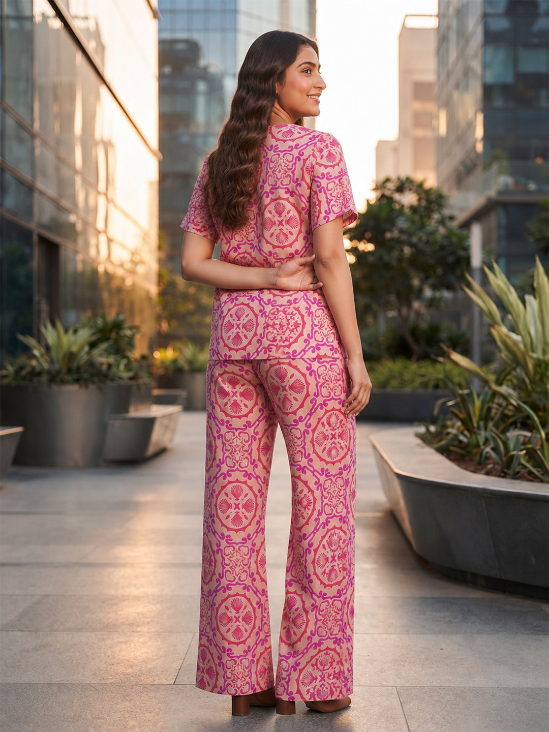 KISHRO Women Linen Cotton Printed Regular Fit Night Suit Set - Light Pink Secondary image