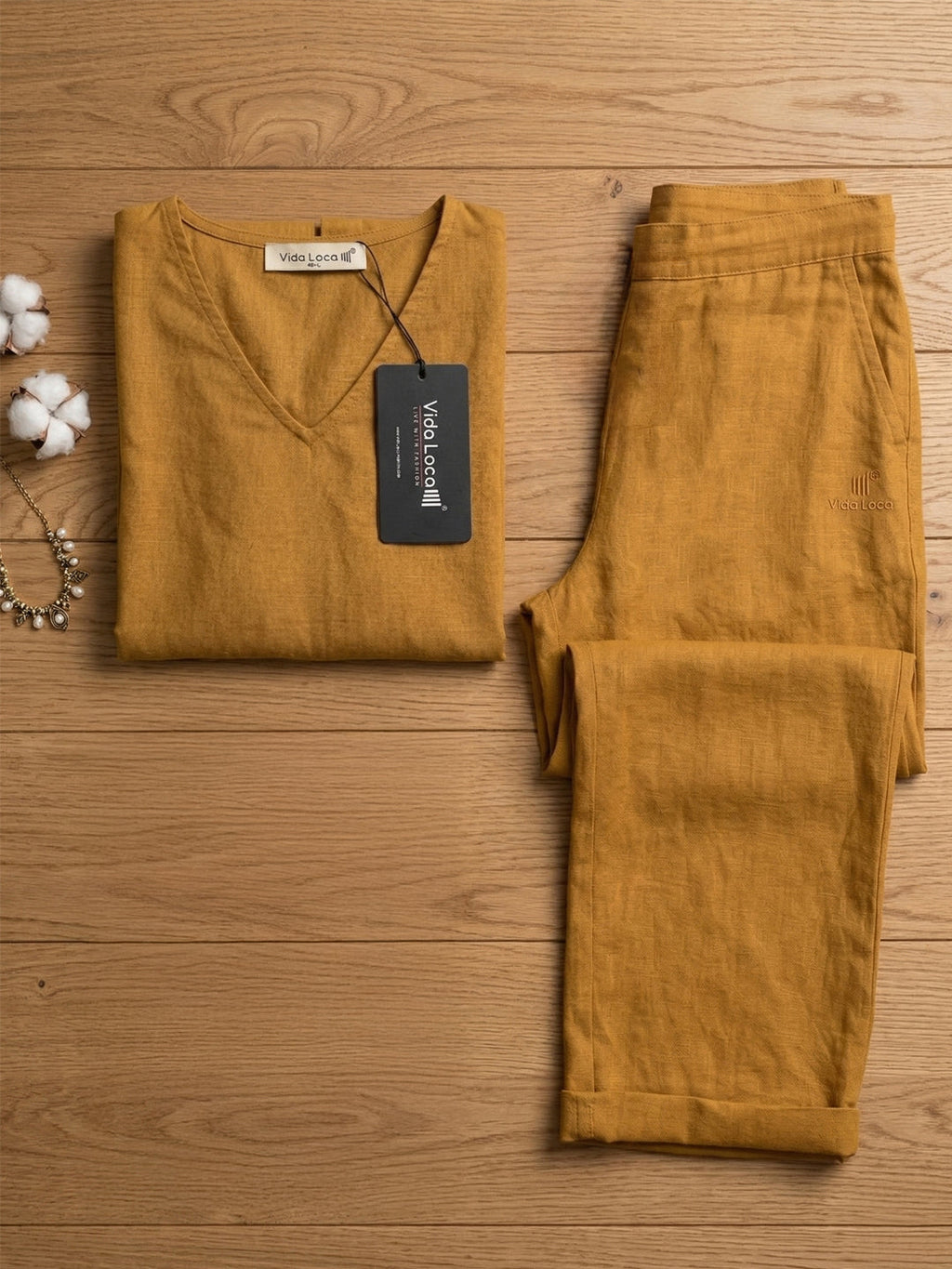 KISHRO Women Linen Solid Relaxed Fit Co-ord Set - Golden