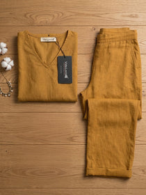 KISHRO Women Linen Solid Relaxed Fit Co-ord Set - Golden