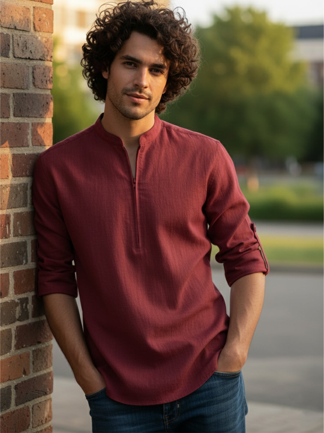 KISHRO Men Cotton Blend Striped Solid Short Kurta - Beige
