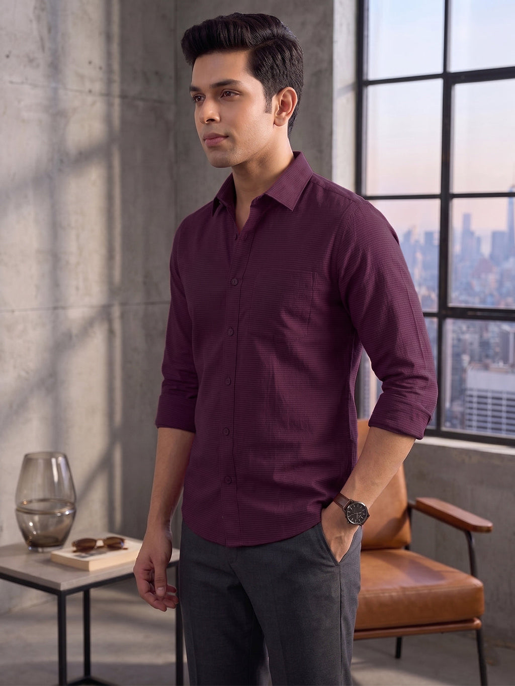 KISHRO Men Cotton Solid Regular Fit Casual Shirt - Magenta