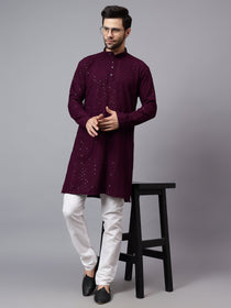 KISHRO Men Rayon Schiffli Chikankari Embroidered Long Kurta Set - Red