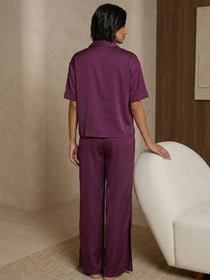KISHRO Women Linen Solid Relaxed Fit Night Suit Set - Magenta