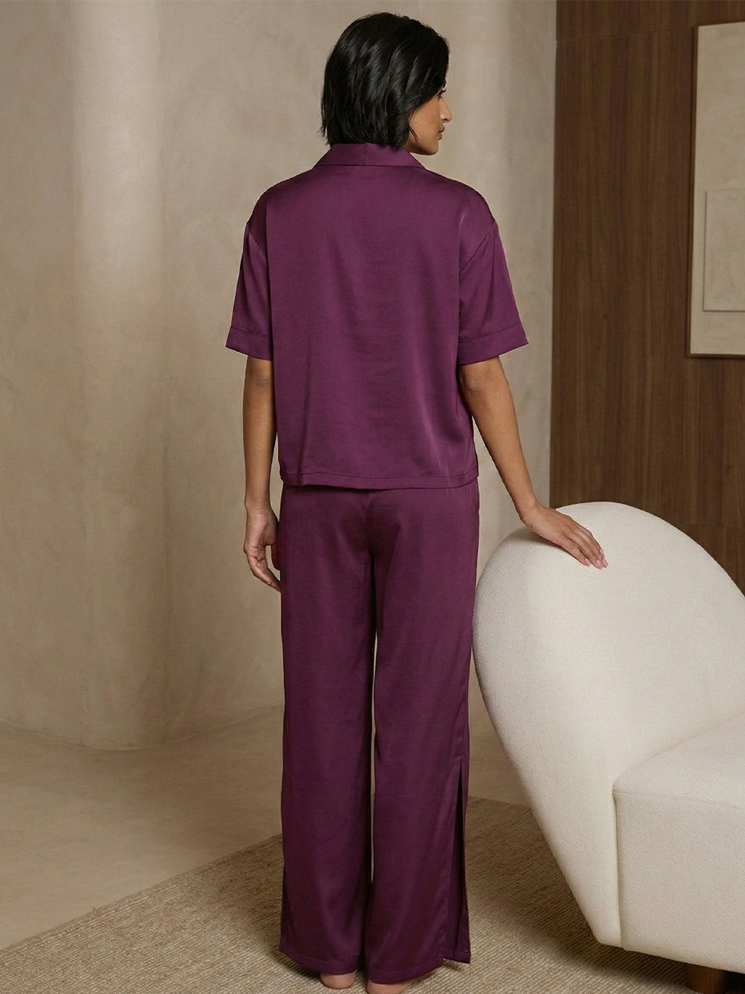 KISHRO Women Linen Solid Relaxed Fit Night Suit Set - Magenta