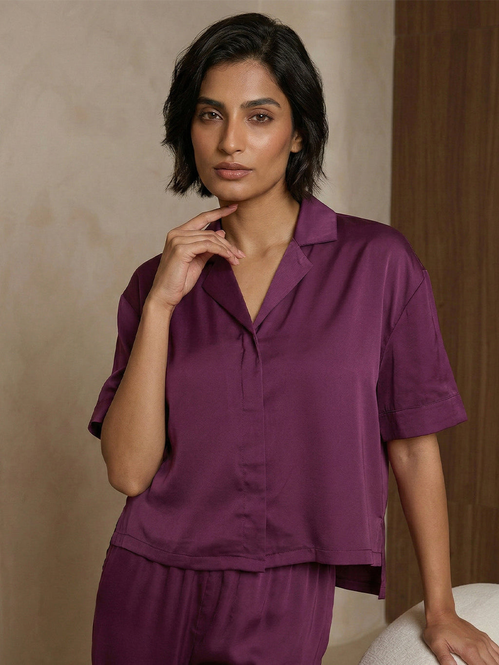 KISHRO Women Linen Solid Relaxed Fit Night Suit Set - Magenta