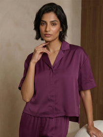 KISHRO Women Linen Solid Relaxed Fit Night Suit Set - Magenta