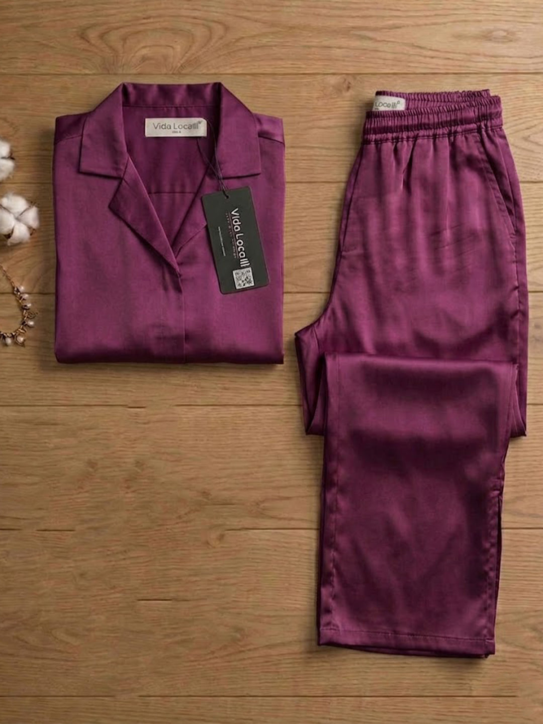 KISHRO Women Linen Solid Relaxed Fit Night Suit Set - Magenta