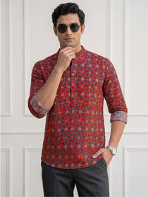 KISHRO Men Cotton Printed Regular Fit Short Kurta - Rust