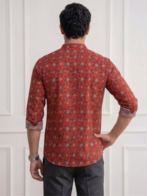 KISHRO Men Cotton Printed Regular Fit Short Kurta - Rust