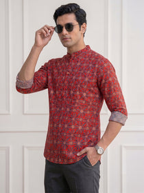 KISHRO Men Cotton Printed Regular Fit Short Kurta - Rust