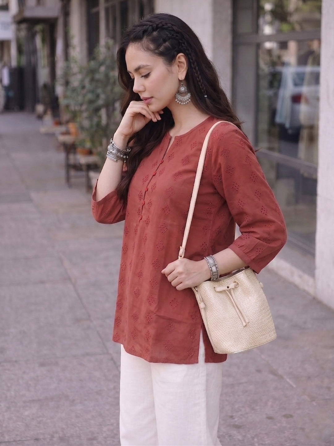 KISHRO Women Viscose Rayon Self-Design Embroidered Top - Maroon