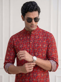 KISHRO Men Cotton Printed Regular Fit Short Kurta - Rust